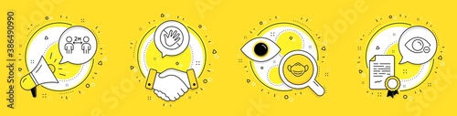 Medical mask, Do not touch and Social distancing line icons set. Megaphone, licence and deal vector icons. Myopia sign. Respirator, Not allowed, Quarantine. Eye vision. Medical set. Vector