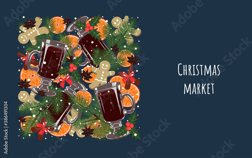 Illustration for the Christmas market. Vector design elements for postcard, flyer, banner, background.