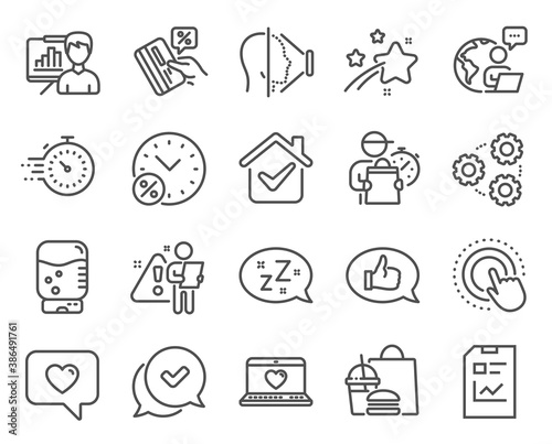 Technology icons set. Included icon as Presentation board, Gears, Web love signs. Click hand, Approved, Love message symbols. Timer, Credit card, Loan percent. Report document, Face id. Vector