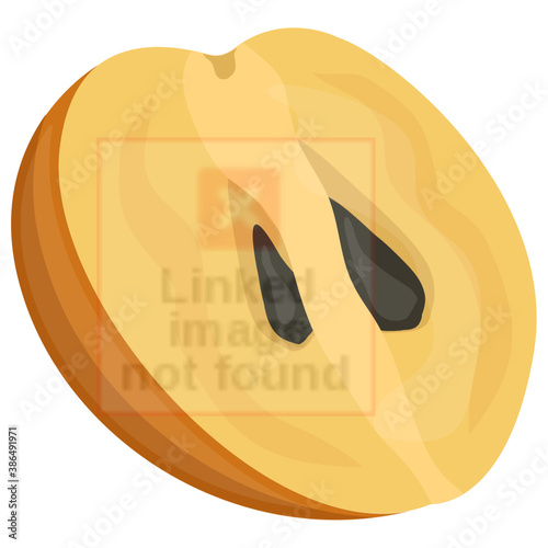 
A half cut piece of fruit with seeds, sapodilla
