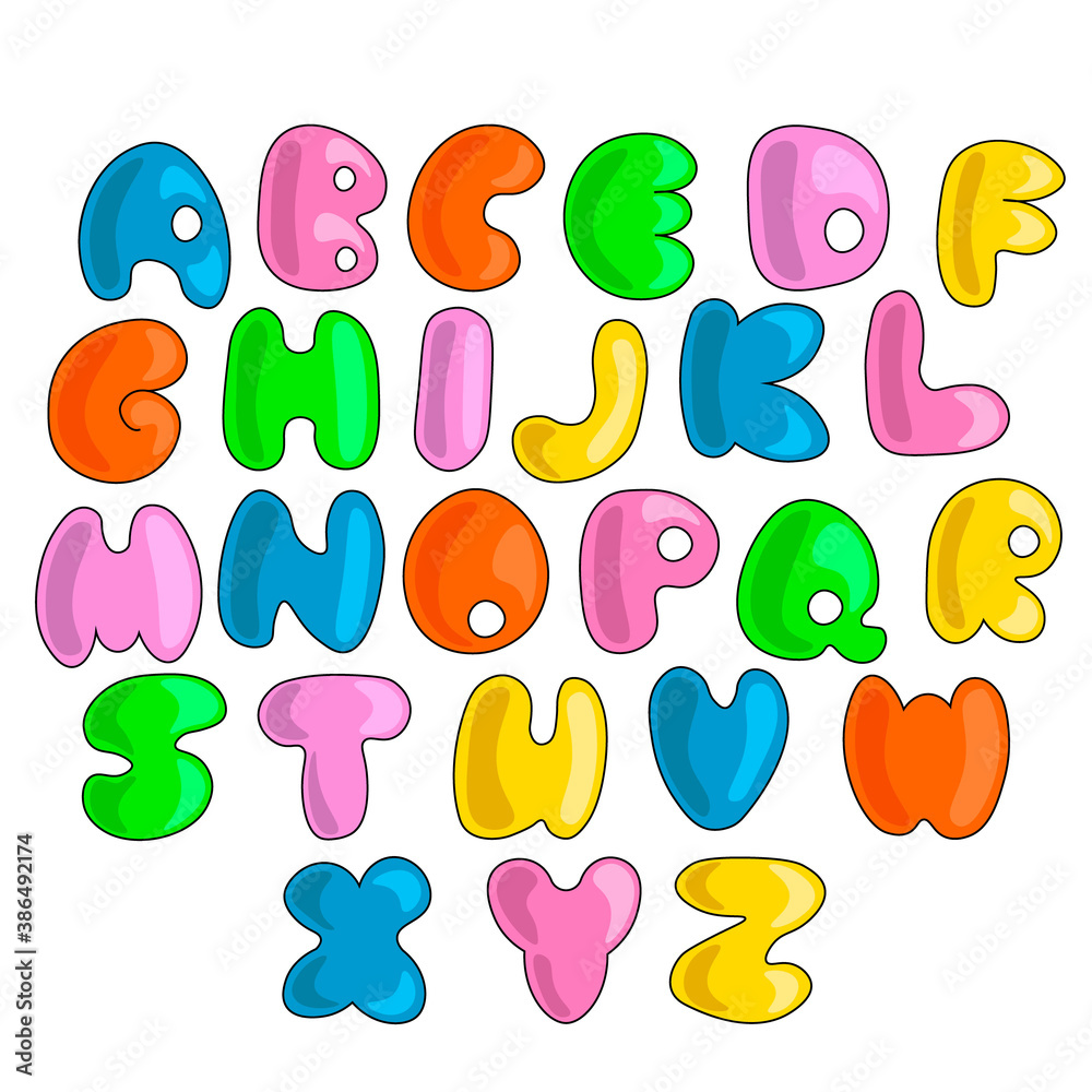 Cartoon drawn pot bellied volumetric color alphabet Cartoon drawn pot bellied volumetric color alphabet