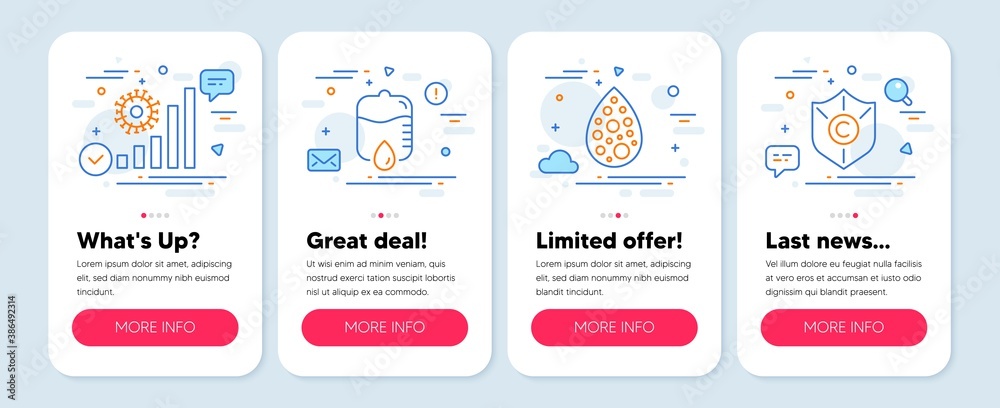 Set of line icons, such as Coronavirus statistics, Artificial colors, Drop counter symbols. Mobile screen mockup banners. Copyright protection line icons. Vector
