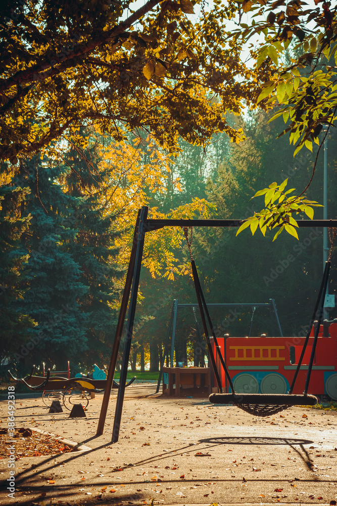 Fototapeta premium Swing in the Park.Autumn landscape with sunlight on the Playground natural environment in the Park during the day nature background