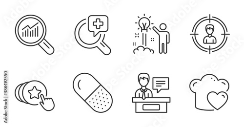 Headhunting  Love cooking and Hold heart line icons set. Data analysis  Creative idea and Medical analyzes signs. Capsule pill  Exhibitors symbols. Person in target  Chef hat  Love brand. Vector