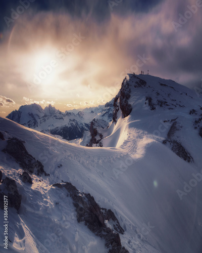 Obraz na płótnie Winter mountain view. Landscape in the Dolomite Alps at sunset. Postcard view of the top of Mount Lagazuoi in the vicinity of Cortina d'Ampezzo. Breathtaking scenery. w salonie