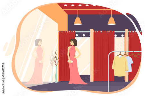 Beautiful girl trying on a dress in a fitting room in a clothing store. Flat vector illustration.