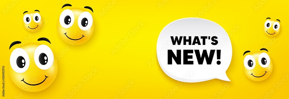 Fototapeta premium Whats new symbol. Smile face with speech bubble. Special offer sign. New arrivals symbol. Smile character. Whats new speech bubble icon. Yellow face background. Vector