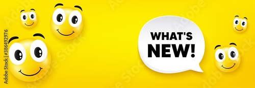 Whats new symbol. Smile face with speech bubble. Special offer sign. New arrivals symbol. Smile character. Whats new speech bubble icon. Yellow face background. Vector