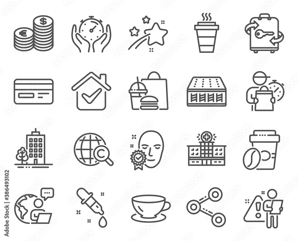 Business icons set. Included icon as Timer, Skyscraper buildings, Credit card signs. Share, Takeaway coffee, Takeaway symbols. Luggage, Espresso, Chemistry pipette. Hospital building. Vector Business icons set. Included icon as Timer, Skyscraper buildings, Credit card signs. Share, Takeaway coffee, Takeaway symbols. Luggage, Espresso, Chemistry pipette. Hospital building. Vector