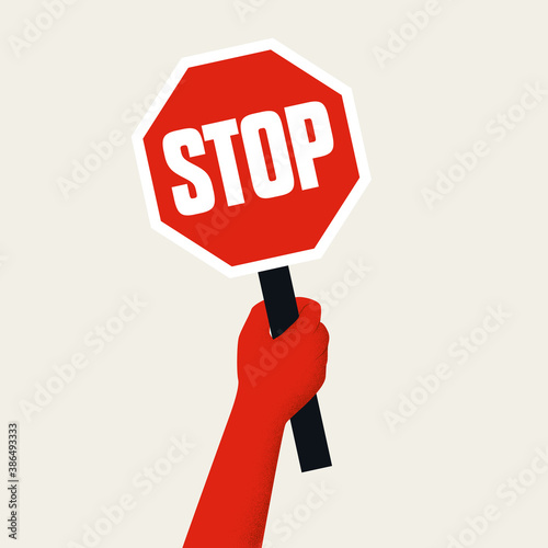 Hand holding stop warning sign vector concept. Symbol of risk, danger, caution, safety precaution.