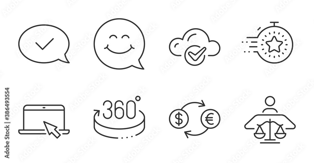 Portable computer, Approved message and Smile face line icons set. Cloud computing, Timer and 360 degrees signs. Court judge, Currency exchange symbols. Notebook device, Accepted chat, Chat. Vector