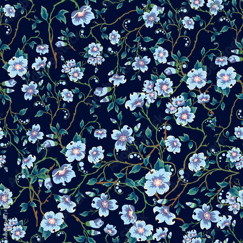 Childrens pattern flowers. Seamless floral pattern on a dark blue background. Light blue flowers, green leaves.