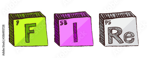 The word fire made of chemical elements fluor, iodine, and rhenium. Hand-drawn elements from the periodic table create word fire. Vector illustration isolated on a white background.