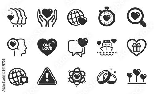 Search love  Romantic talk and One love icons simple set. Hold heart  Romantic gift and World brand signs. Heart  Friends couple and Heartbeat timer symbols. Flat icons set. Vector