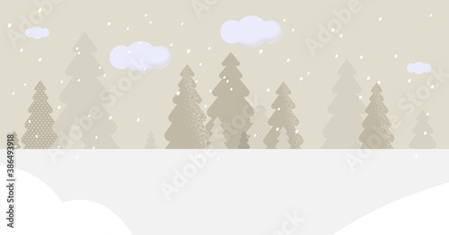 Beautiful snowy landscape or with spruce or fir trees covered with snow. Park or forest on winter season holidays landscape, scene panorama view for banner, landing web page, flyer background.