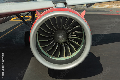 Red jet engine Close-up of aircraft turbine 