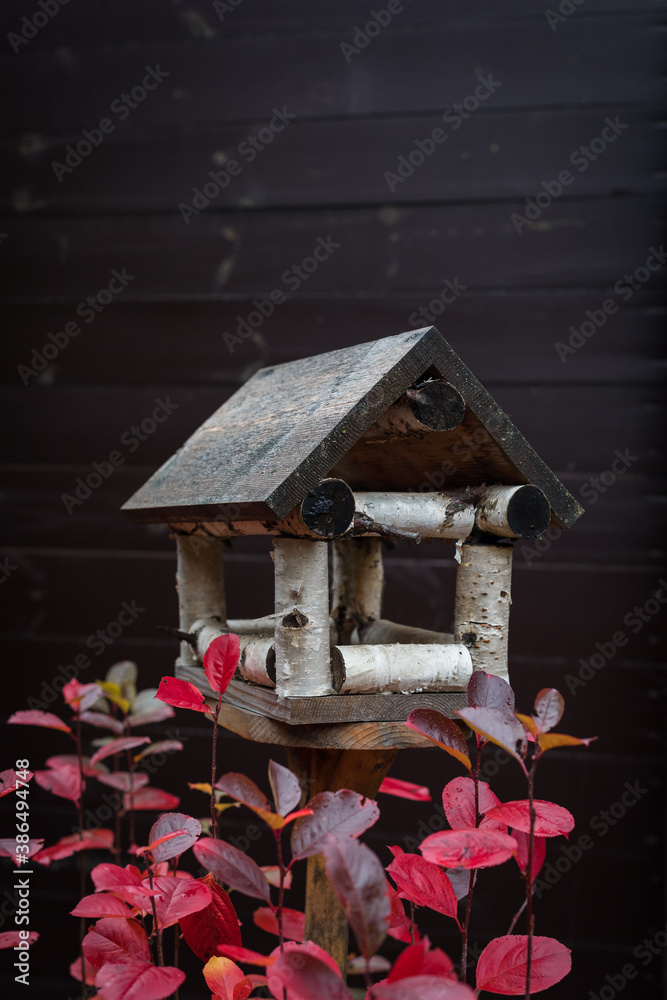 Handmade wooden bird feeder among autumn red leaves Handmade wooden bird feeder among autumn red leaves