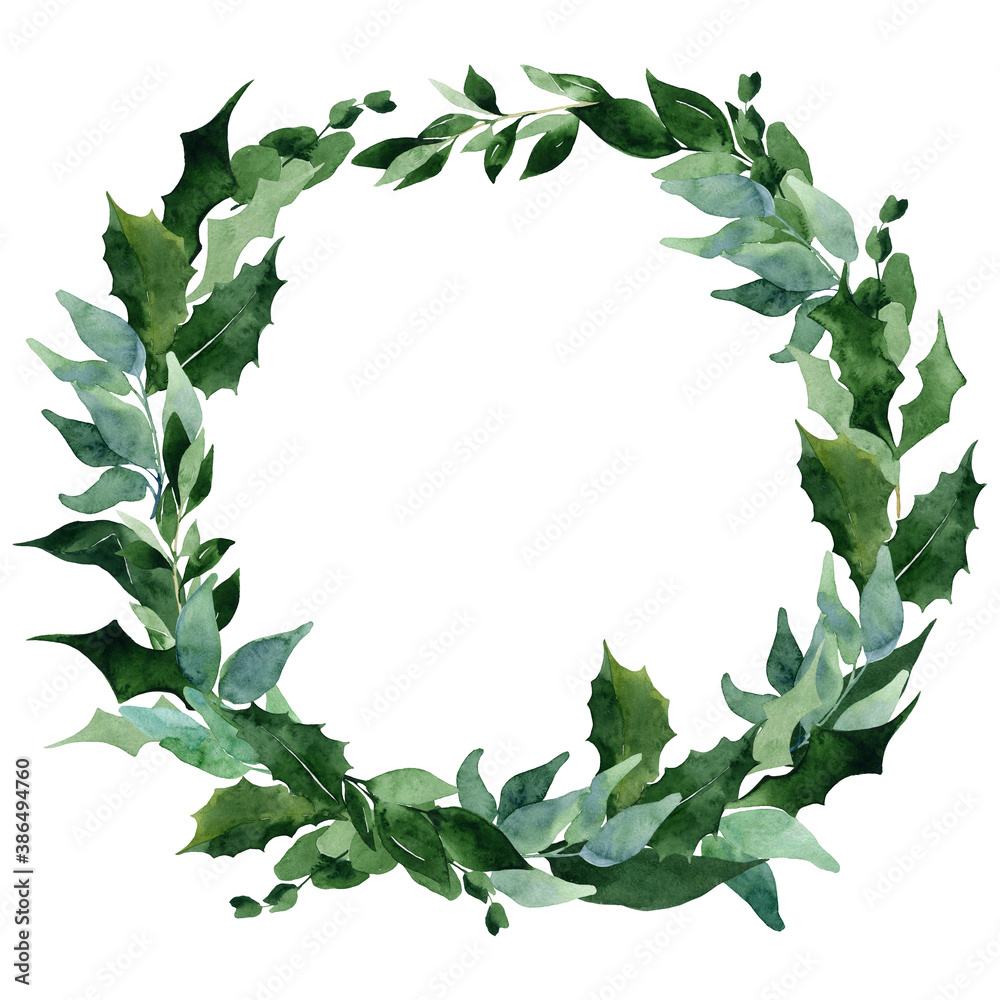 Fototapeta premium watercolor image of a Christmas wreath with spruce branches, red berries, cotton, template for greeting card