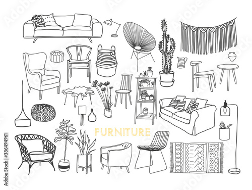 isolated outlined furniture collection vector illustration