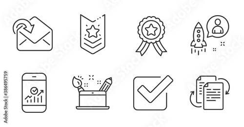 Checkbox, Receive mail and Shoulder strap line icons set. Creativity concept, Bureaucracy and Startup signs. Winner ribbon, Smartphone statistics symbols. Quality line icons. Checkbox badge. Vector