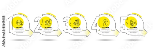 International recruitment, Idea head and Certificate line icons set. Timeline process infograph. Freezing sign. World business, Lightbulb, Certified guarantee. Air conditioning. Science set. Vector