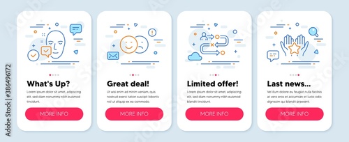 Set of People icons, such as Like, Face accepted, Journey path symbols. Mobile screen mockup banners. Ranking line icons. Social media dislike, Access granted, Project process. Hold star. Vector