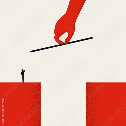 Business support, help, investment vector concept. Giant Hand helping small businessman, minimal design.