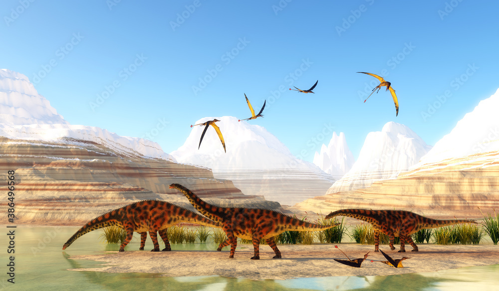 Spinophorosaurus Dinosaur Mountains - Rhamphorhynchus Pterosaurs rest on a sandbank as a herd of sauropod Spinophorosaurus dinosaurs come to drink from a swamp.