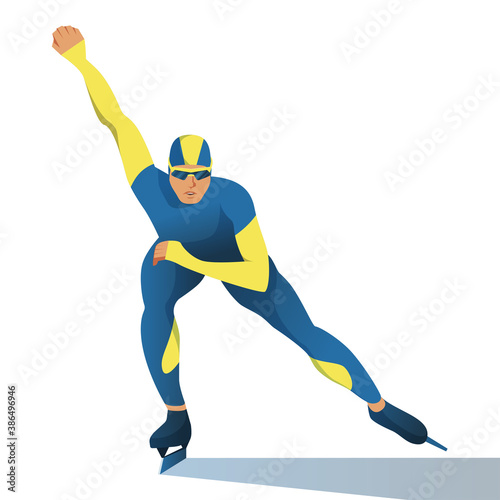 Man on short track is speed skating. A muscular athlete in sportswear overcomes the distance on skates. Vector flat design illustration front view. Winter sports ice-skating.