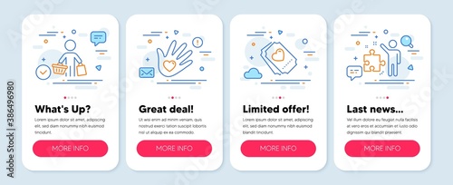 Set of People icons, such as Buyer, Social responsibility, Love ticket symbols. Mobile screen app banners. Strategy line icons. Shopping customer, Helping hand, Heart. Business plan. Vector