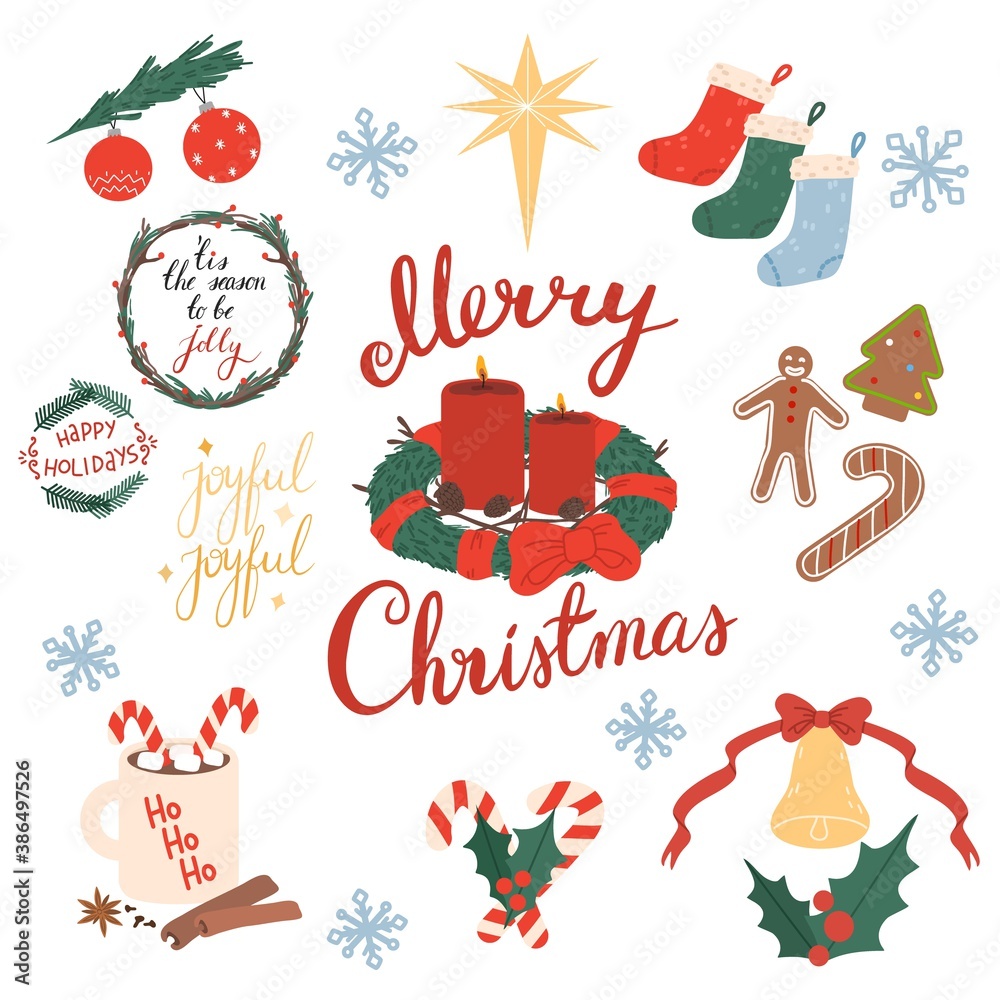 Set of traditional Christmas lettering, patterns and decorations for winter holidays