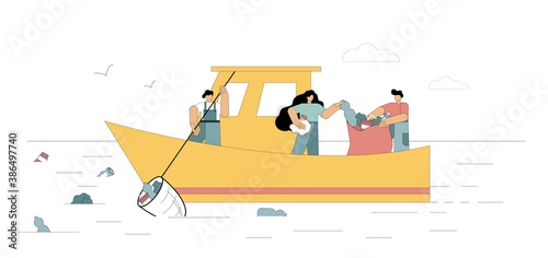 Ocean clean up. Volunteers clean the sea, the ocean is garbage. Flat men float in a boat to clean up and collect garbage, solid waste, plastic, polyethylene on the surface of the water. Vector
