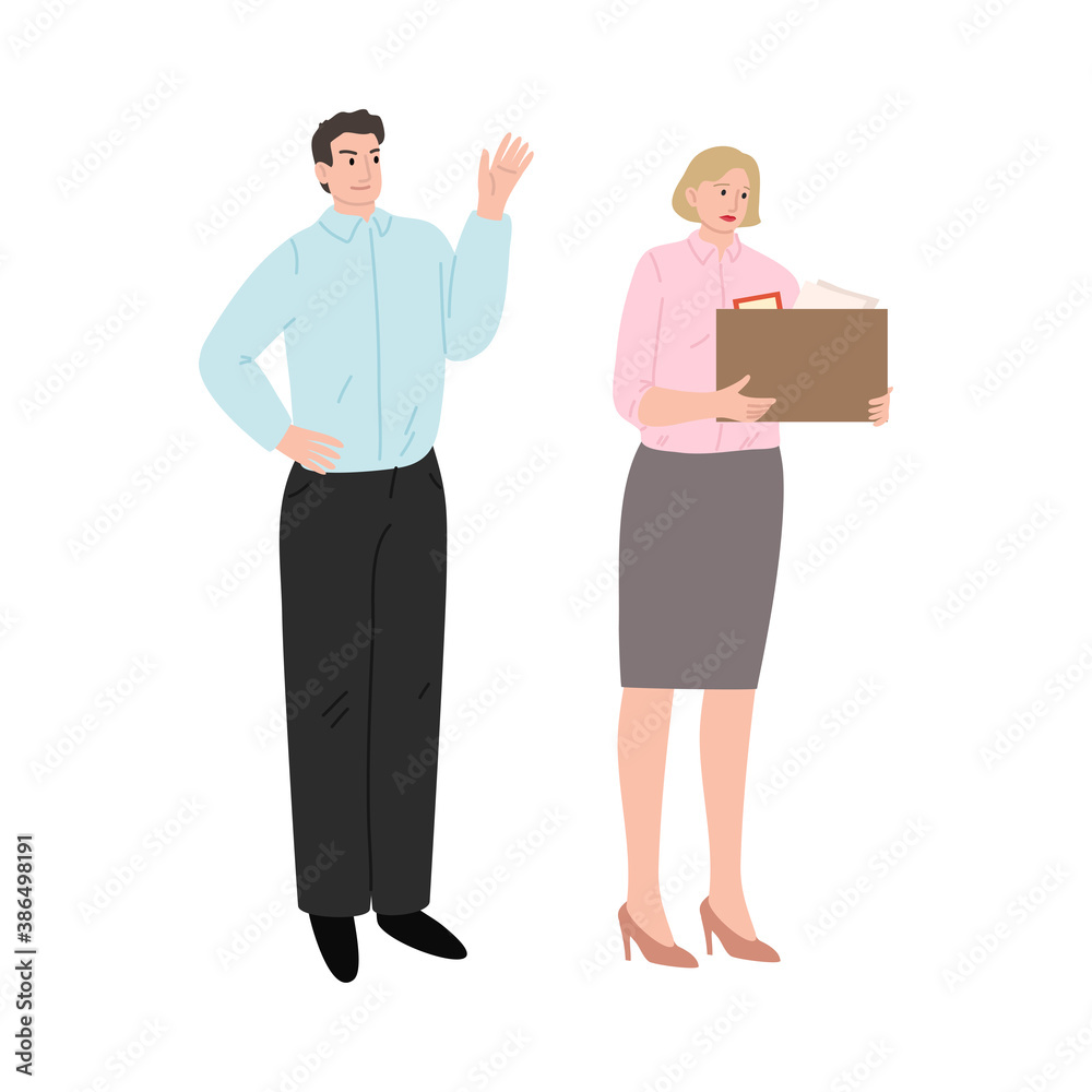 Boss gesticulating and saying goodbye to sad woman worker with box of things Boss gesticulating and saying goodbye to sad woman worker with box of things