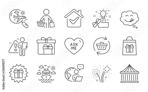 Holidays shopping, Refresh cart and Delivery boxes line icons set. Carousels, Search flight and Creative idea signs. Ship travel, Fireworks and Ask me symbols. Line icons set. Vector