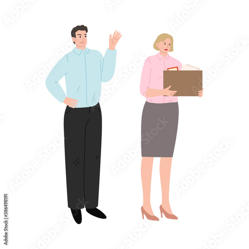 Boss gesticulating and saying goodbye to sad woman worker with box of things