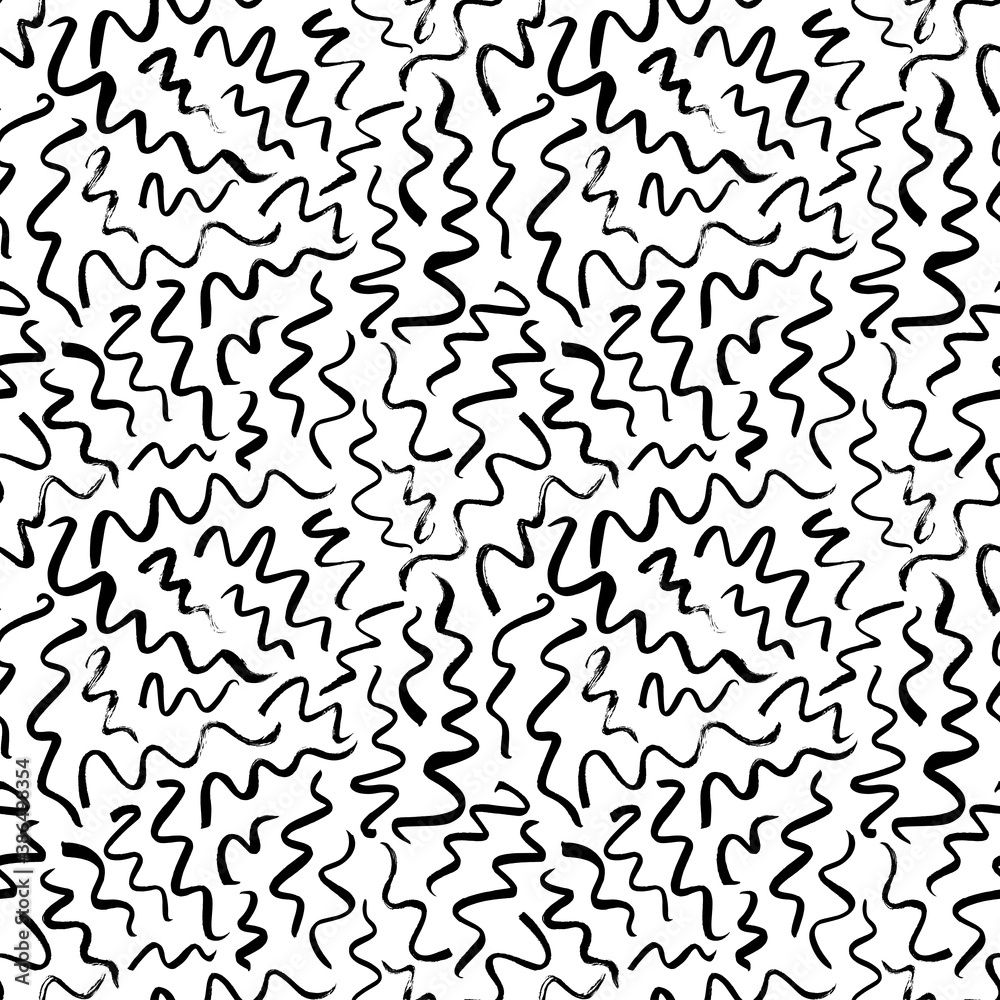 Wavy and swirled brush strokes vector seamless pattern. Doodle lines, black paint freehand scribbles, abstract ink background. Brushstrokes, smears, lines, squiggle pattern. Wallpaper design
