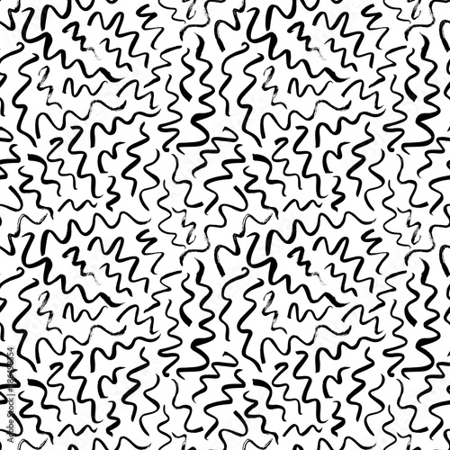 Wavy and swirled brush strokes vector seamless pattern. Doodle lines  black paint freehand scribbles  abstract ink background. Brushstrokes  smears  lines  squiggle pattern. Wallpaper design
