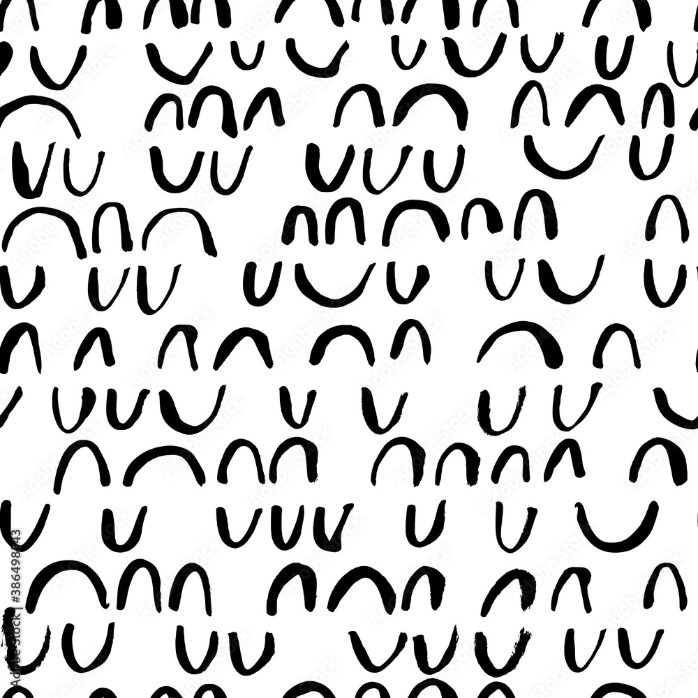 Hand drawn doodle arches vector seamless pattern. Abstract rounded forms, line brushstrokes. Hand painted ink background with half circles, scallops. Art illustration for fashion designs, textile