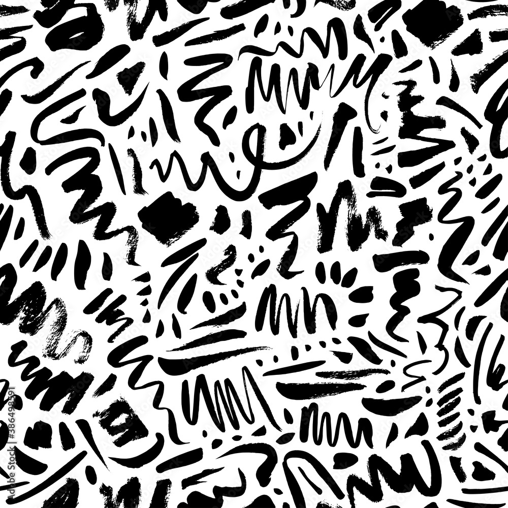 Doodle shapes and lines seamless pattern. Vector abstract dots, brush strokes, bold funky drawing elements. Hand painted ink background. Illustration for fashion design, prints in trendy pop art style