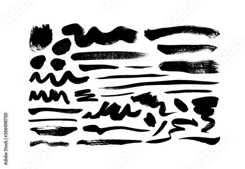 Vector black paint  ink brush strokes and lines. Dirty grunge design element  circle or background for text. Grungy smears and rough stains  curved lines. Hand drawn ink illustration isolated on white