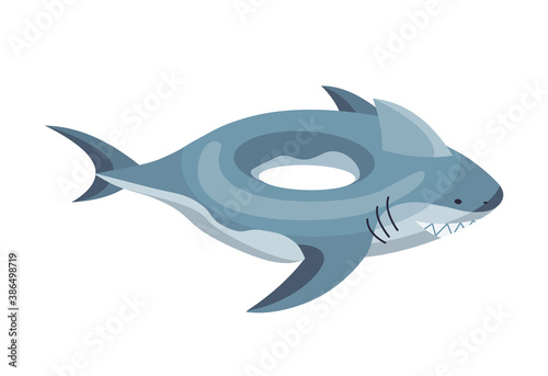 Inflatable swimming ring. Life-ring in pool for summer vacation. Cartoon rubber floating lifesaver in form of cute animal. Funny shark floating ring