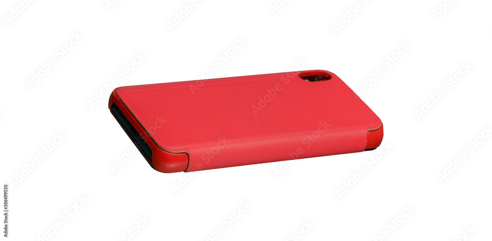 used phone in red case back view isolated used phone in red case back view isolated