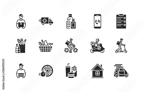 Food and medicines delivery flat glyph icons set. Vector illustration couriers on different transport silhouette, , motorbike, car, bike and scooter. Pizza delivery.