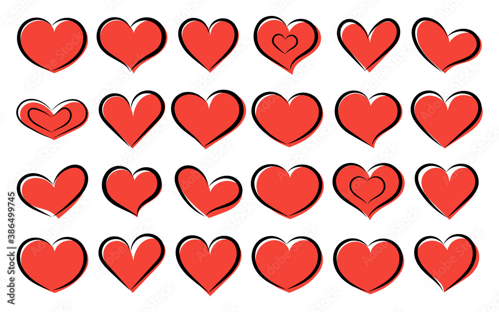 Hearts icon collection. Live broadcast of video, chat, likes. Collection of heart illustrations, love symbol icons set. Red hearts. Hand drawn