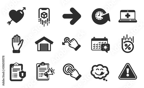 Parking garage, Privacy policy and Yummy smile icons simple set. Drag drop, Next and Medical help signs. Augmented reality, Megaphone checklist and Hand symbols. Flat icons set. Vector