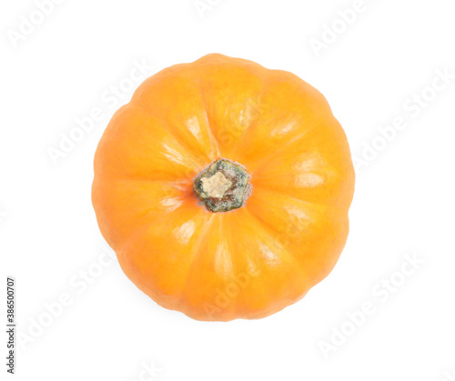 Beautiful ripe orange pumpkin isolated on white, top view