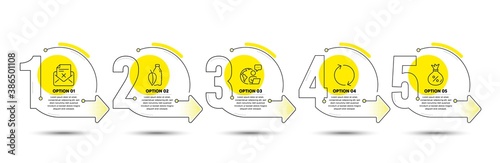 Loan, Water bottle and Reject letter line icons set. Timeline process infograph. Refresh sign. Money bag, Mint leaf drink, Delete mail. Rotation. Business set. Infographics timeline template. Vector