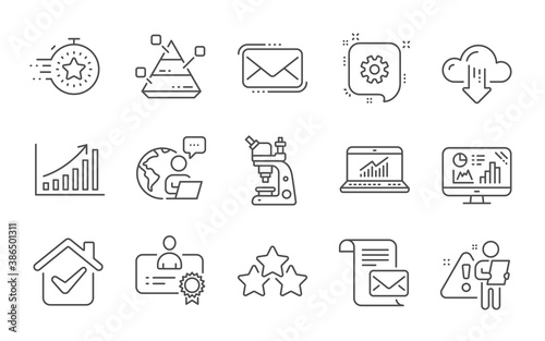 Microscope, Messenger mail and Ranking stars line icons set. Analytics graph, Timer and Pyramid chart signs. Cogwheel, Certificate and Mail letter symbols. Line icons set. Vector © blankstock