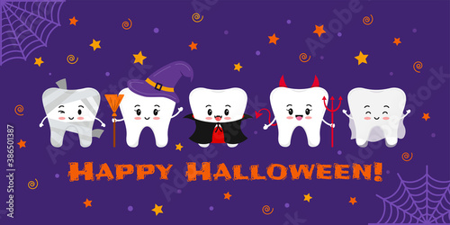 Teeth in carnival costume on dental Happy Halloween greeting card. Cute halloween character - witch tooth, mummy, vampire, devil, ghost. Flat design cartoon style vector dentist banner illustration.