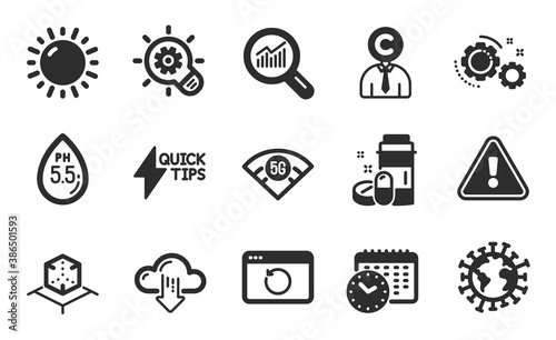 Coronavirus, Cloud download and Cogwheel icons simple set. Recovery internet, Sunny weather and 5g wifi signs. Gears, Medical drugs and Data analysis symbols. Flat icons set. Vector